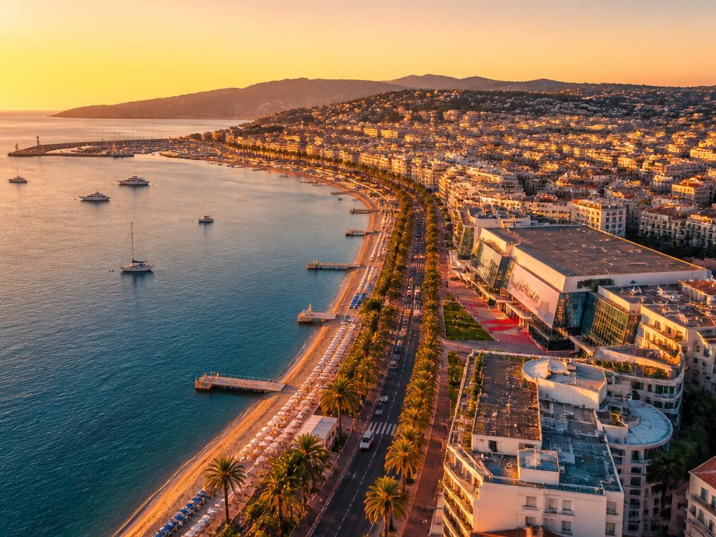Vue aérienne de la baie de Cannes et de la Croisette au coucher du soleil